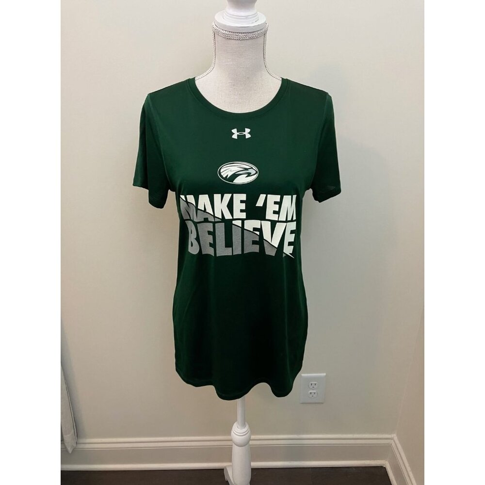 Under Armour Green Short Sleeve Top "Make 'Em Believe" on Front Size Medium